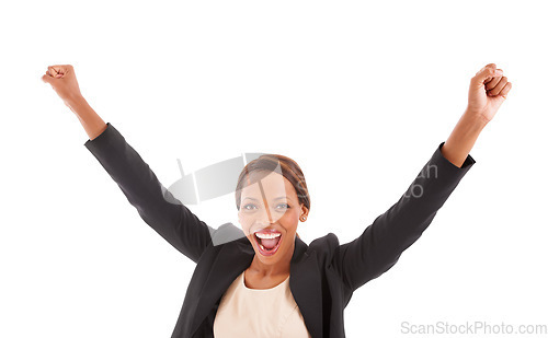 Image of Business woman, winner and portrait for celebration, success or freedom with bonus, financial news or winning in studio. Yes of excited african worker with wow and achievement on a white background