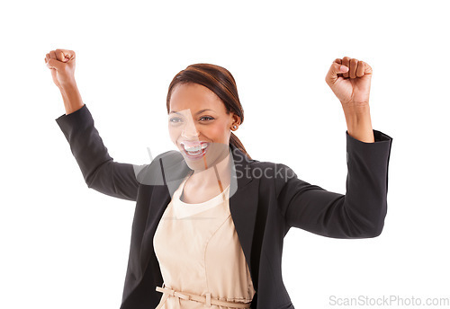 Image of Happy black woman, fist pump and celebration for winning or business success against a white studio background. Excited African female person or employee smile for achievement, bonus or promotion