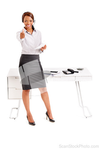 Image of Business woman, call center and thumbs up for communication success, telecom planning and studio office. Professional portrait of agent or consultant with like emoji or yes hand on a white background