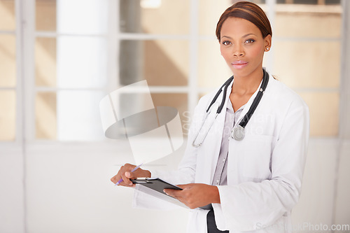 Image of Doctor, woman and portrait with medical folder, charts and clinic management for services and professional healthcare. Face of hospital worker with clipboard, checklist or documents for health report