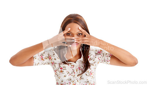 Image of Cover face, black woman and hiding with hands, eyes peak and announcement isolated on a white studio background. African person, girl and model with portrait, shy and secret with emoji and expression