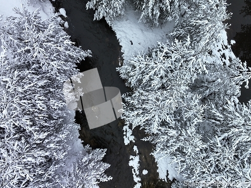 Image of Amazing Cinematic Aerial View On Freezing River. Aerial View Flight Above Frozen Creek Scenic View Of Nature