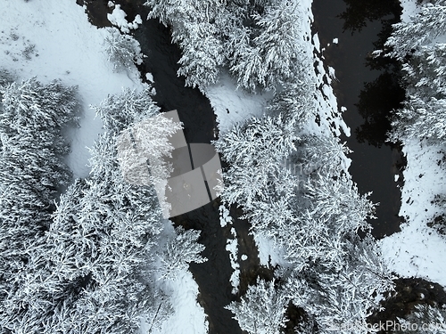 Image of Amazing Cinematic Aerial View On Freezing River. Aerial View Flight Above Frozen Creek Scenic View Of Nature