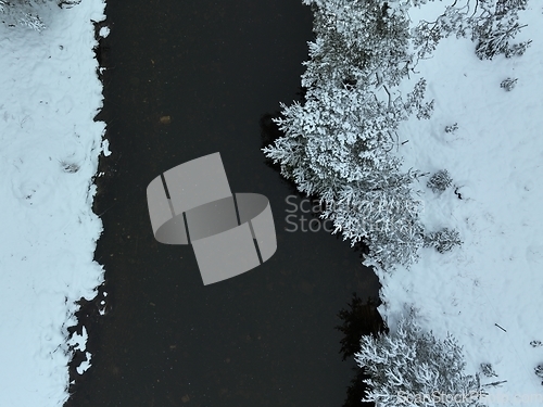 Image of Amazing Cinematic Aerial View On Freezing River. Aerial View Flight Above Frozen Creek Scenic View Of Nature