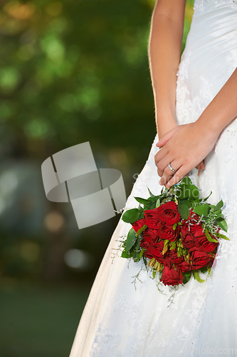 Image of Woman, hands and wedding rose bouquet with love, commitment and trust ceremony for marriage. Engagement, celebration and flowers for event in a park with a red floral plant and bride dress outdoor