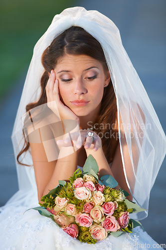 Image of Nervous, bride and wedding woman with ring outside with confused, bored and grumpy face. Bouquet of flowers, moody and young person in luxury, elegant and white bridal gown for marriage ceremony.