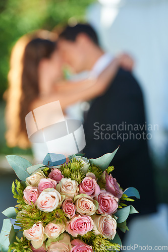 Image of Bouquet, happy couple and embrace at wedding with love, smile and commitment at reception event. Roses, woman and man hugging at marriage celebration flowers, partnership and future together.