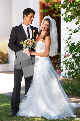 Image of Happy couple, wedding and smile with roses for marriage, love or outdoor commitment together. Married woman, bride or groom with bouquet of flowers in romance or honeymoon at bridal event or ceremony