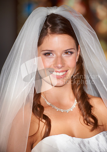 Image of Happy woman, face and bride smile for wedding day, marriage or commitment at indoor church. Attractive female person, wife or fiance getting married with stylish veil in beauty at bridal ceremony