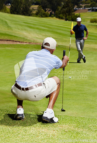 Image of Sports, golf and people on course for game, practice and training for playing competition. Professional golfers, friends and hobby by tee hole, ball and golfing club for winning stroke or score