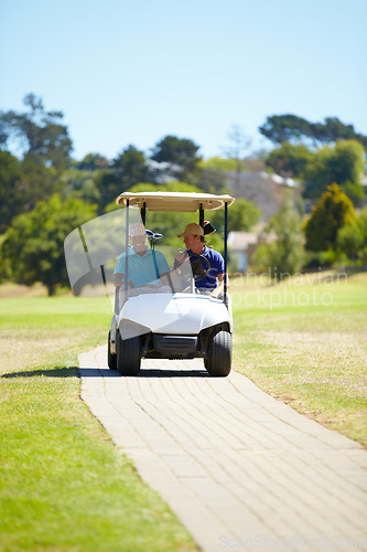 Image of Man, friends and driving golf cart on course outdoor for sports match, golfing or exercise together. Male person, athlete or professional golfer riding to next pitch for easy transportation or game