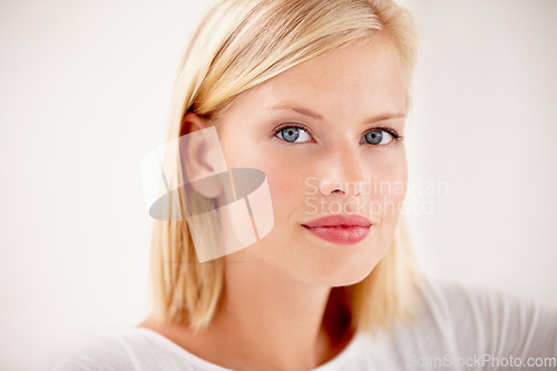 Image of Woman, portrait and confident beauty in studio white background, makeup or natural. Female person, model and face for healthy care or cosmetic rest or vitality for wellness clean, mockup in Canada