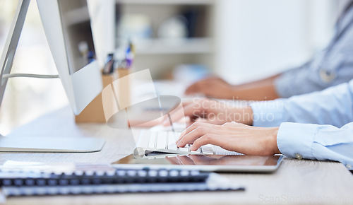 Image of Office, communication and hands of employees typing email, report and contact technical support for crm. Computer, keyboard and people writing to clients for customer service or staff with tablet