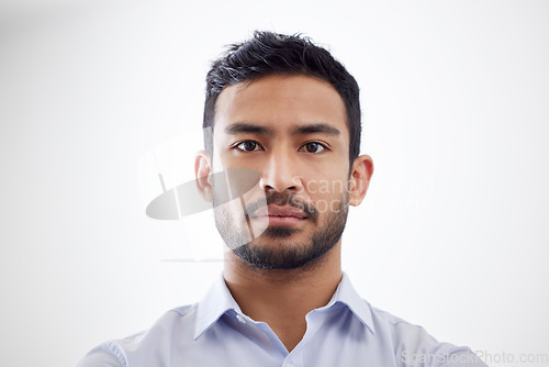 Image of Asian man, serious and portrait with confident for career pride, job growth and consultant in mockup. Professional person, face or about us for company, start up or business trust by white background