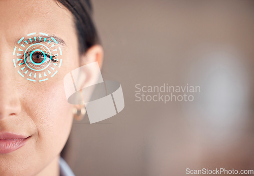 Image of Woman, face and eye scan in cybersecurity, verification or biometrics at office on mockup space. Closeup portrait of female person scanning retina or sight for identity, visual or access at workplace