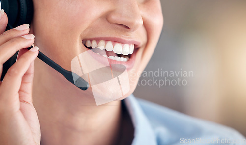 Image of Mouth, woman and smile in call center for telemarketing, customer service or advisory help, CRM questions and FAQ contact. Closeup, face and microphone of happy sales agent for telecom or IT support