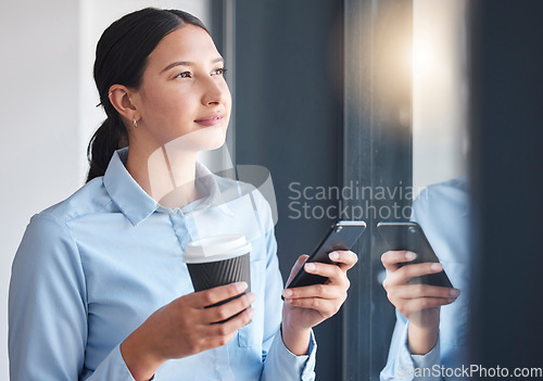 Image of Business woman, phone and thinking on coffee break of social media, marketing solution or ideas by window. Professional employee with vision for career communication, networking or chat on her mobile