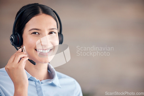 Image of Portrait, woman and smile in call center for customer service, CRM contact or telemarketing advice at mockup space. Happy telecom consultant, microphone and help in sales, IT questions or FAQ support