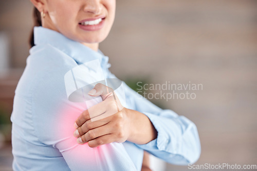 Image of Business woman, shoulder pain and injury from accident, inflammation or sore joint at office. Closeup of female person and ache, strain or broken arm in cramp, muscle tension or red area at workplace