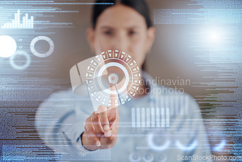 Image of Business woman, fingerprint and screen hologram for biometric, cybersecurity and data analysis or statistics. Professional analyst press or hand for password, identity and gdpr on a digital overlay