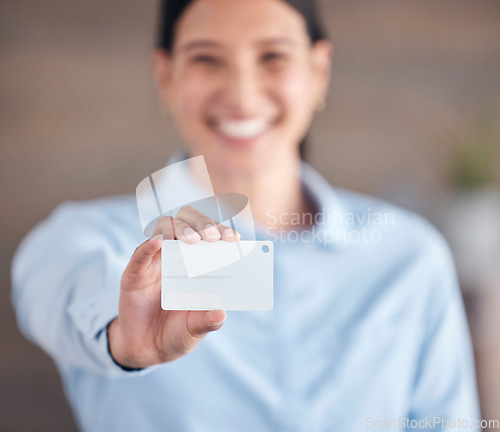Image of Business, woman and hand with card or smile for advertising, marketing or networking in office. Entrepreneur, professional or person with tag, id or blank pass for security access or identity at work