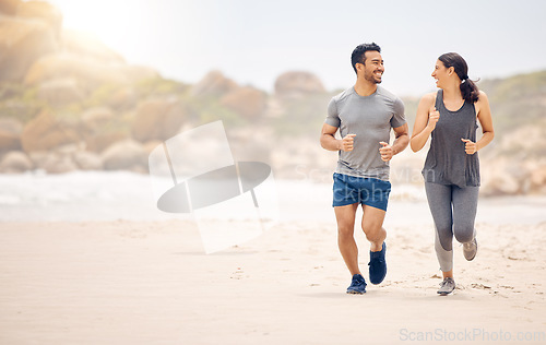 Image of Couple of friends, running and fitness on beach for workout, training and happy with cardio health and nature mockup. Excited woman, man or personal trainer by ocean and outdoor for exercise together