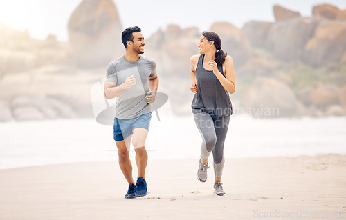 Image of Couple of friends, running and exercise by ocean in fitness training, accountability and cardio for race or support. Happy plus size woman, man or personal trainer by beach or outdoor for workout