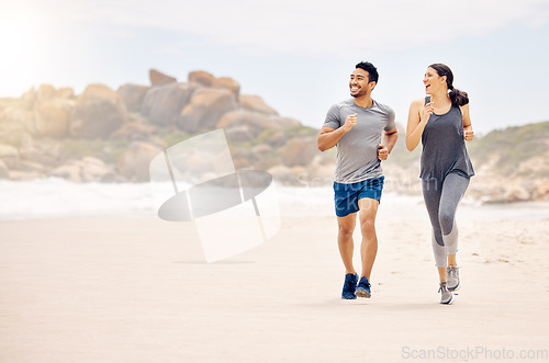 Image of Couple of friends, running and exercise on beach for workout, training and happy with cardio health on nature mockup. Excited woman, man or personal trainer thinking of outdoor fitness by the ocean