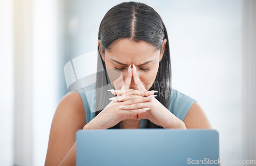 Image of Frustrated business woman, laptop and headache in mistake, stress or anxiety and mental health at office. Female person or employee with migraine in depression, overworked or burnout at workplace