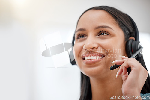Image of Call center headset, professional face and happy woman services, telemarketing sales pitch or callcenter mockup space. Customer care, bank advisory talk or insurance agent networking on help desk mic