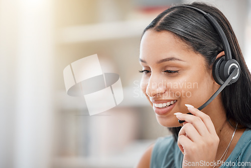 Image of Telemarketing, headset and happy business woman face in contact center, callcenter consultation or tech support. Help desk customer care, mockup space and telecom agent consulting on lead generation