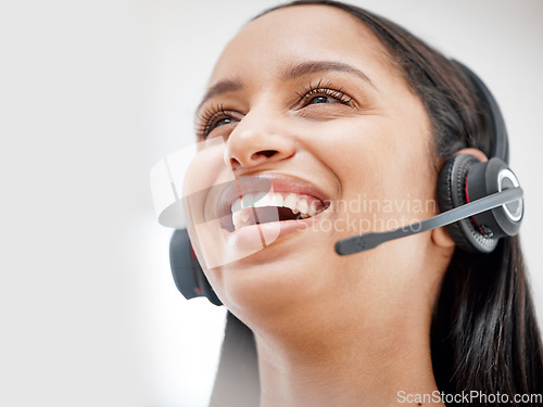 Image of Telemarketing headset, professional face and happy woman laugh at funny sales pitch, callcenter joke or consultation humour. Customer care, outsourcing or closeup consultant talking on help desk mic