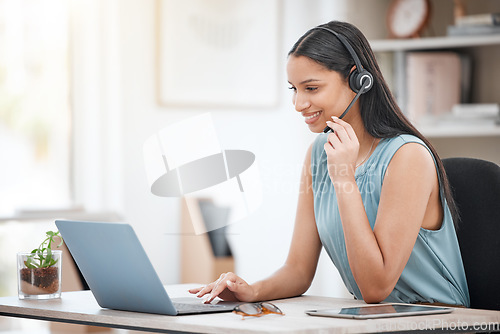 Image of Telemarketing, laptop and happy business woman reading contact center info, callcenter feedback or tech support. Help desk customer care, sales numbers and telecom agent consulting on lead generation