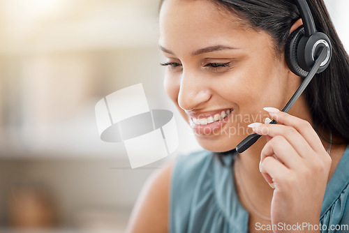 Image of Telemarketing, discussion and happy business woman face in contact center, callcenter consultation or tech support. Help desk customer care, outsourcing or telecom agent consulting on lead generation