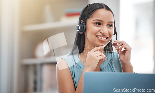 Image of Telemarketing, listening and happy business woman chat in contact center, callcenter sales consultation or tech support. Help desk services, communication or ecommerce agent advice on lead generation