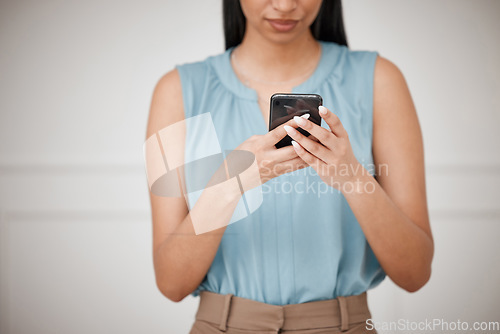 Image of Phone, hands and business woman typing, reading or check web schedule, company agenda or social media communication. Cellphone, mobile app and professional person review customer experience feedback