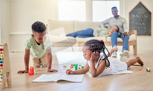 Image of Children, book and colouring on floor, fun and learning for development, homework and playing at home. Black kids, education and creative project or art, notebook and homeschooling or happy drawing