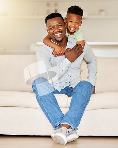 Image of Dad, son or embrace on sofa in portrait, love or happy family with wellness in living room. Black people, man and child together with smile face, care bonding and weekend with gratitude hug in house