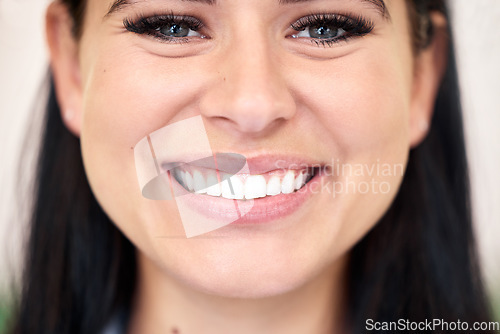 Image of Dental, woman and portrait for teeth whitening, smile and oral health with tooth implant and cosmetics. Dentistry, person and face or happy with invisalign treatment, gum healthcare and wellness