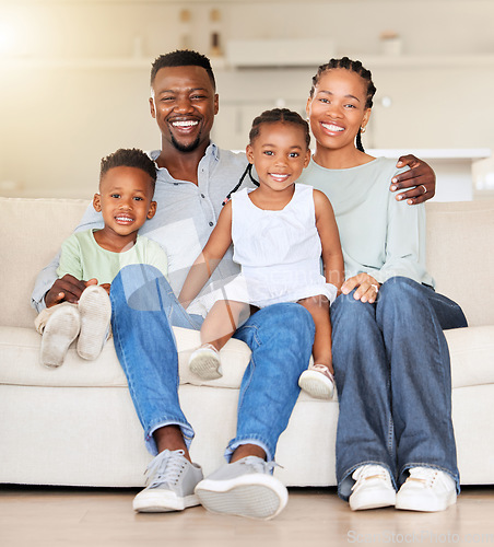 Image of Happy family, portrait or love on sofa, care or together with wellness in living room. Black people, woman or man with children for smile face, relax bonding or weekend for gratitude support in house