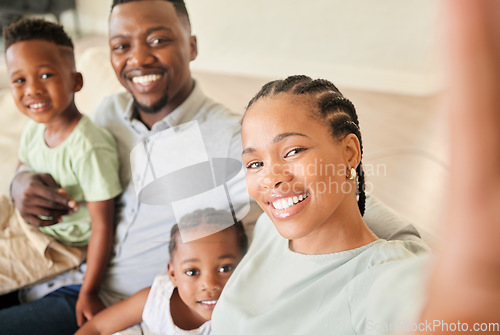 Image of Selfie, happy family and children in home for social media, profile picture or post. Black people, little girl and boy with smile in excitement for memory, bonding and together on sofa in living room