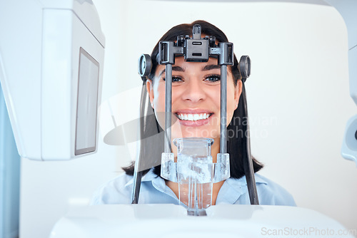 Image of Woman, portrait and xray machine at dentist for dental appointment, mouth checkup or cleaning at clinic. Happy female person or patient smile in teeth scan for surgery, oral and gum care at hospital