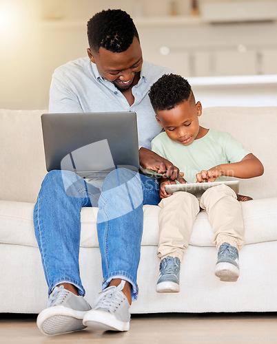 Image of Family, man and boy with laptop for teaching in home for learning, playing and game on tablet. Father, kid and childcare with technology for skill, growth and development in milestone in living room