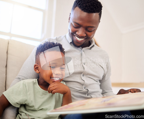 Image of Happy dad, reading and child in home with a book on sofa for development of language, education and learning. Father, teaching and show kid a storytelling in books and relax in living room on couch
