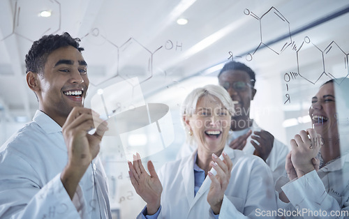 Image of Group, board and meeting with science, applause and planning with support, cooperation or teamwork. Achievement, formula or people with dna research, collaboration or clapping with cure development