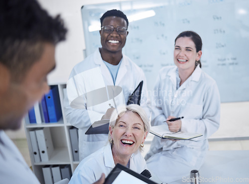 Image of Tablet, student and internship with doctors for happy by presentation and funny joke in classroom. Medical faculty, diversity and laughing with touchscreen, online healthcare talk and genetics class