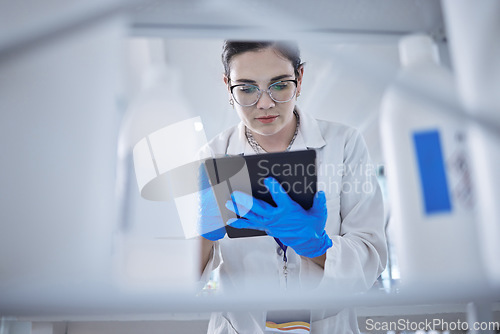 Image of Woman, medical research and tablet in lab for test results check, future pill trial or science study. Female person, digital device and report or review breakthrough hope, idea in work biotechnology