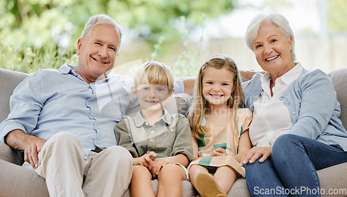 Image of Smile, portrait and children with grandparents on a sofa in the living room of modern family home. Happy, love and young kids sitting with grandfather and grandmother on couch in the lounge at house.