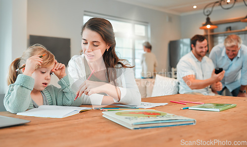 Image of Mom, girl and writing for homework with learning, development and support with advice, pencil or books. Education, mother and daughter with help for assessment, progress and growth in family house