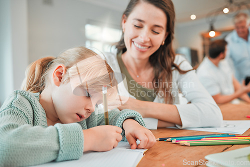 Image of Mom, girl and writing for homework with book, development and studying with advice, pencil and smile. Education, mother and daughter with cheers for assessment, progress and growth in family house